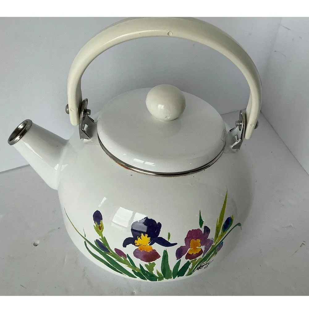 Vintage Enamel Tea Kettle Floral Iris Hand‎ Painted White Cottagecore